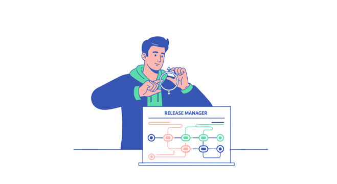 Release manager plans project timeline with flowchart on laptop screen