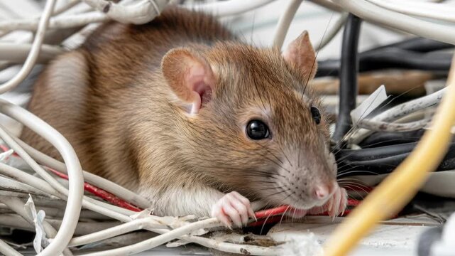 A close-up of a brown rat gnawing on electrical wires in a messy tangle of cables and cords.