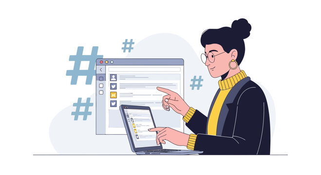 Woman using laptop for social media marketing with hashtags