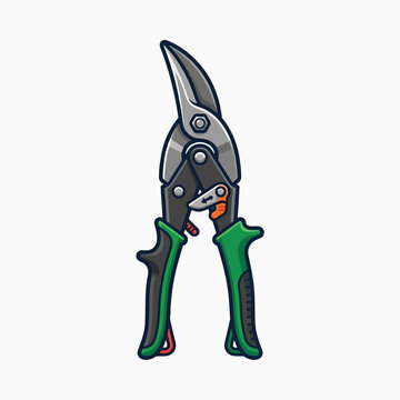 Illustrated aviation snips with yellow and green handles, designed for cutting sheet metal with precision.