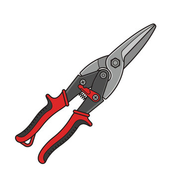 A pair of red and black aviation snips with sharp blades, designed for cutting sheet metal.