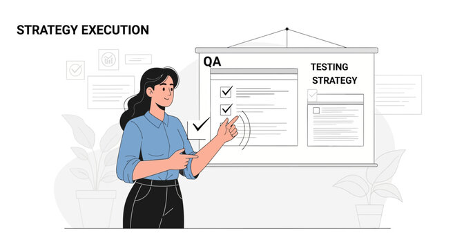 Businesswoman presenting strategy execution and QA testing plan on whiteboard