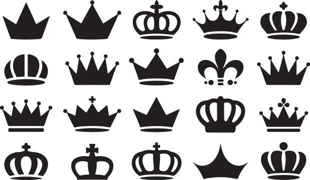 Assorted royal crown icons in black and white