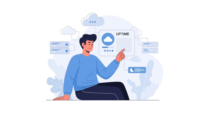 Cloud computing uptime monitoring, programmer working with data, IT service management