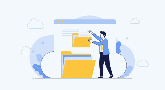 Cloud storage illustration: man organizing digital files in folders