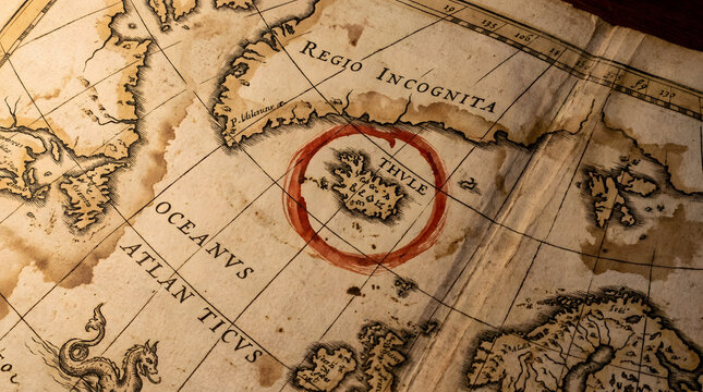 Antique map featuring a circled thule island. Perfect for history projects, educational materials, book covers, or vintagethemed designs.