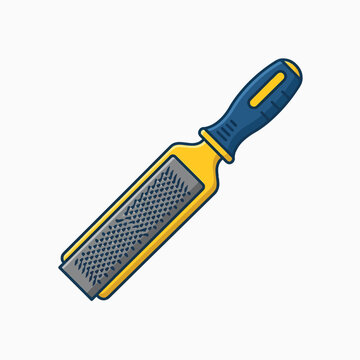 An illustration of a woodworking rasp or file, featuring a blue and yellow handle and a rectangular gray metal surface with sharp teeth.
