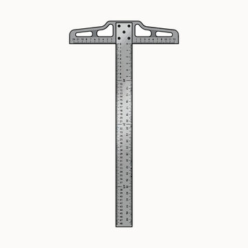 Illustration of a gray T-square ruler on a white background. This drafting and measuring tool features a long blade and a shorter head with numerical markings.