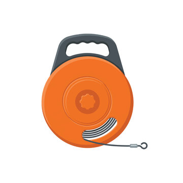 Orange reel with a black handle and a thin cable extending out, showing a section of coiled wire inside.