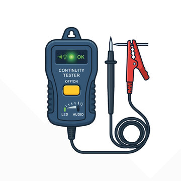 A vector illustration of a blue continuity tester device with a green 'OK' indicator, connected to a sharp probe and a red alligator clip touching a metal nail.