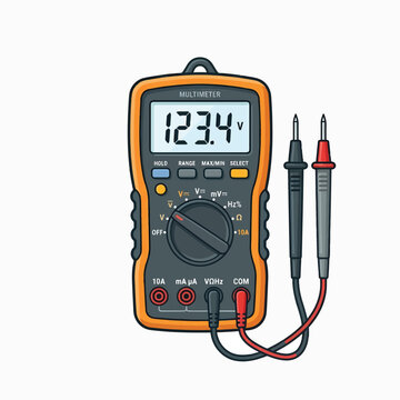 An illustration of a digital multimeter with an orange and black casing, displaying '123.4 V' on its screen. It features test leads connected to the device.