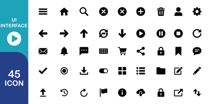Collection of 45 ui interface fill icons for user interface design. the icons are search, setting, pencil. vector illustration.
