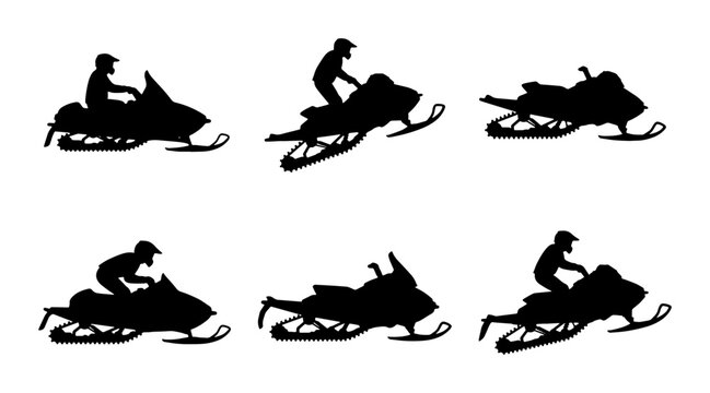 Snowmobile Silhouettes, Winter Sport Action Poses Vector Set: Dynamic Motion Graphics for Outdoor Adventure and Recreation