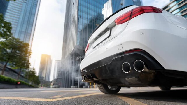 A white modern car emits thick exhaust smoke from its dual tailpipes on a busy city street.