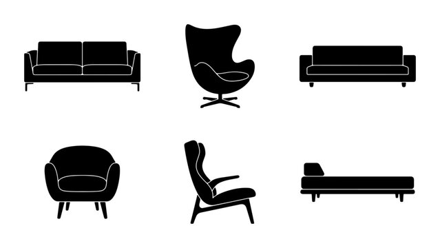 Modern Furniture Silhouettes: Sofa, Egg Chair, Armchair, Daybed Vector Icons for Interior Design, Architecture, and Decor Concepts
