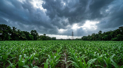 Fototapeta premium Lush green corn field under a dramatic stormy sky with dark clouds and sun rays breaking through in a rural landscape