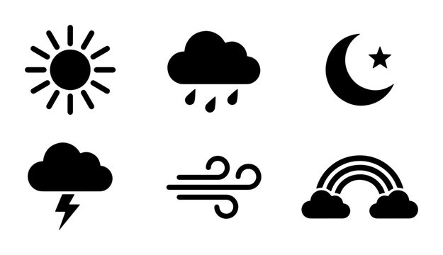 Weather Icons Set: Sun, Rain Cloud, Moon Star, Lightning Storm, Wind, Rainbow. Simple Black & White Vector Symbols for Forecast and Climate.