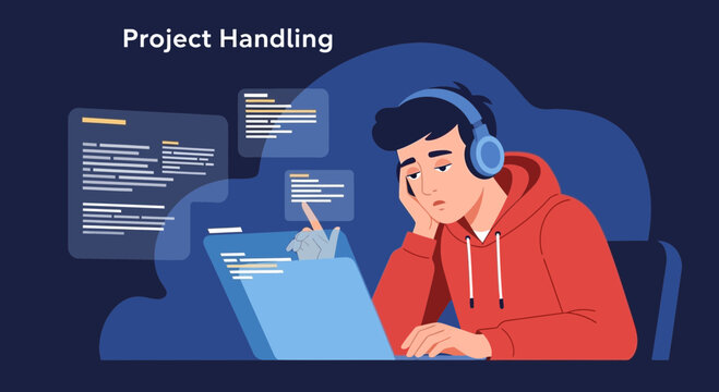 Bored programmer with headphones, working on laptop, code on screen