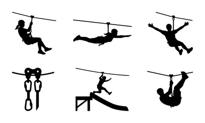 Zipline Adventure Silhouettes: Thrill-Seeking People in Action, Extreme Sports Vector Icons, Outdoor Recreation Graphics © Raihan