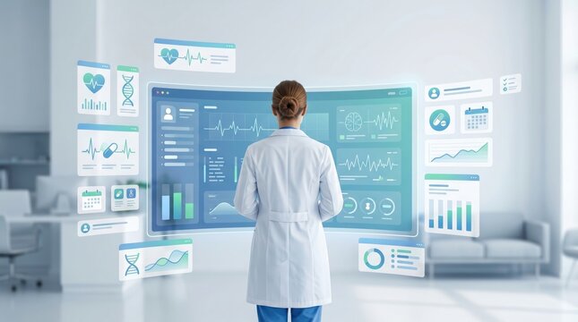Future healthcare technology doctor analyzing digital medical data holograms health dashboard biometric charts DNA strands medicine icons telemedicine concept smart hospital