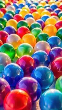 A photo of bright color plastic balls scattered on a white background Each ball has a distinct hue red, blue, green, yellow, and purple The plast