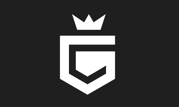 Abstract Letter G Monogram Logo Design Integrated into a Shield Shape with a Crown, White Graphic Icon on Black Background Symbolizing Royalty, Protection, and Premium Branding
