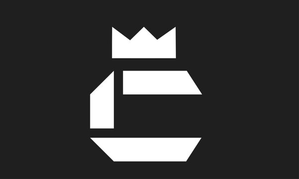 White geometric abstract C letter logo with crown on black background