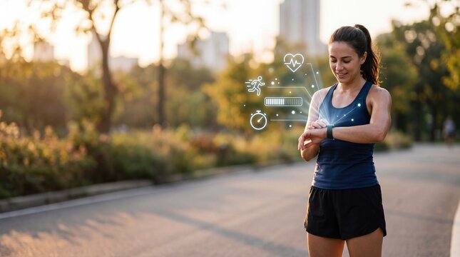 Young fit woman checking fitness data on smartwatch holographic interface showing health metrics heart rate monitor calories burned step counter timer icons during morning jog