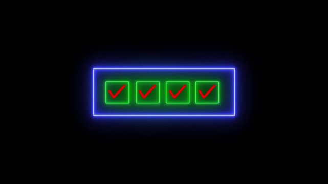 Neon light 4 step infographic process with check mark icon animation. step by step process with check marks motion graphics, 4k video