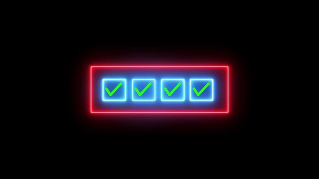 Neon light 4 step infographic process with check mark icon animation. success confirmation approval verification concept . 4k motion video animation