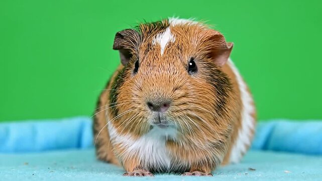 Adorable Guinea Pig Close-Up On Soft Surface Against Bright Green Chroma Key Background For Animal Lovers and Pet Care Visuals