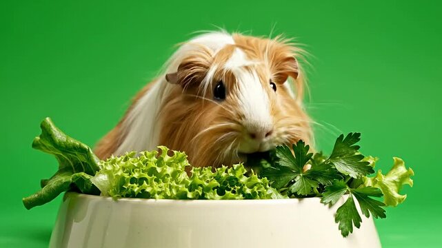 Adorable Guinea Pig Enjoying Fresh Greens In Bright Green Studio Background, Perfect For Pet-Related Content Or Animal Care Marketing