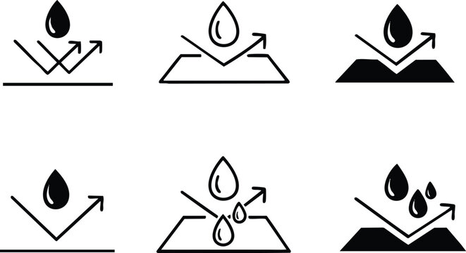 Waterproof and water-repellent icons simple vector symbols for fabric and material technology isolated on white background