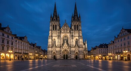 Fototapeta premium The historic Gothic cathedral stands tall in the city square at dusk surrounded by buildings and streets.