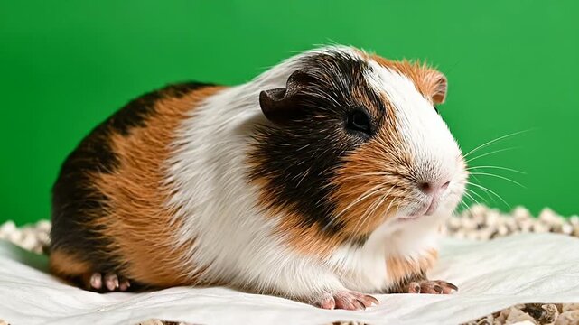 Adorable Guinea Pig Sitting Comfortably on Soft Surface Against a Vivid Green Background for Pet-Themed Projects and Marketing Needs