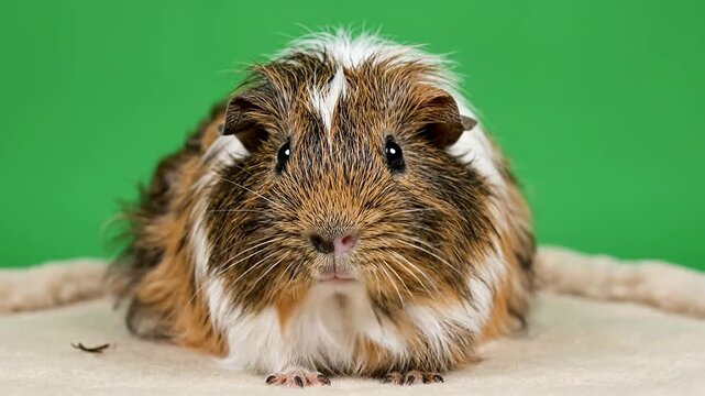 Adorable Guinea Pig With Distinctive Fur Patterns Sitting Against Vibrant Green Background, Perfect For Pet Care Related Media