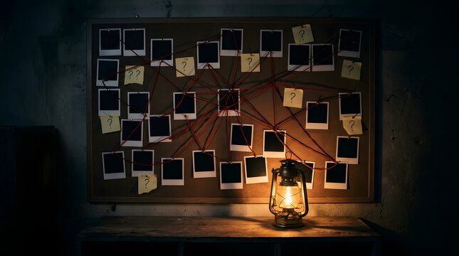 Detectives conspiracy board illuminated by an old lantern, perfect for mystery themes in design projects needing atmospheric elements.