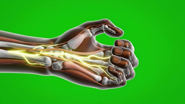 Realistic 3D Hand Anatomy Model Displaying Muscle and Bone Structure with Yellow Electrical Impulses on Green Screen Background