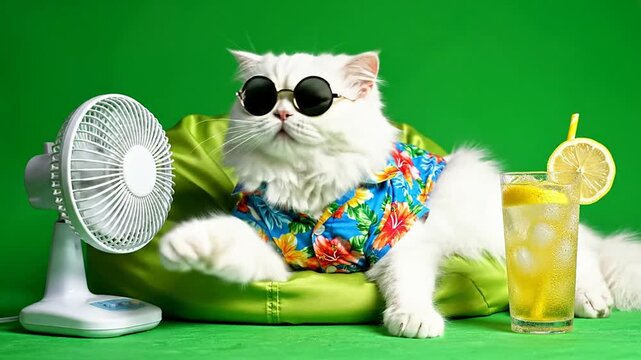 Stylish Cat Relaxing with Sunglasses and Refreshing Drink in Front of a Fan Against a Bright Green Background