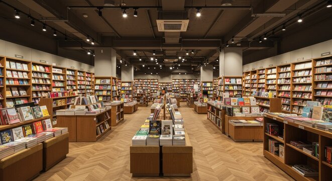 Interior view of a large bookstore with shelves and displays
