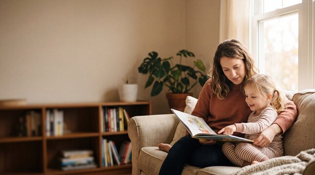 Happy mom and daughter reading picture book together on cozy sofa at home in living room warm lighting indoor family moment education for kids bedtime story activity