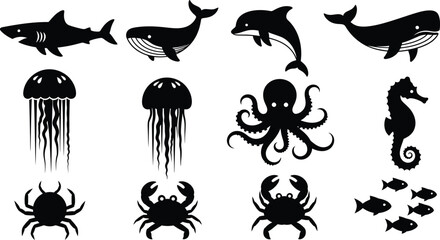 Black Sea Creatures Silhouettes on White Background © ali