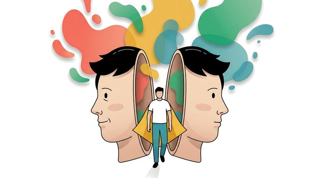 Vector illustration of a man between two halves of a head with colorful shapes, representing mental health, inner strength, self-identity, and the power of the human mind.