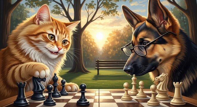 A cat and dog play chess together in a park at sunset with trees and a bench