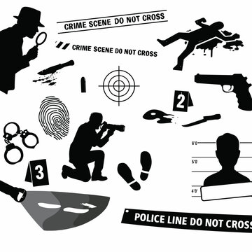 Forensic Investigation and Detective Elements Silhouette Vector Illustration