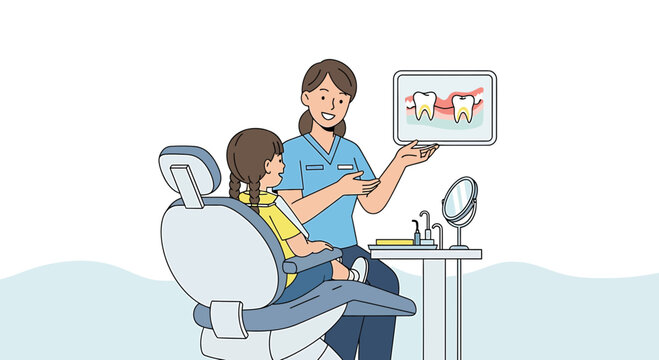 Dentist showing child teeth diagram in dental clinic, dental hygiene education