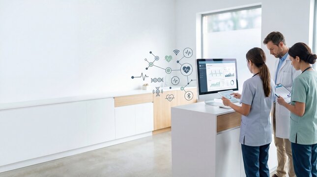 Medical team reviewing patient data on digital screen smart health monitoring interface futuristic healthcare technology telemedicine concept electronic medical records system