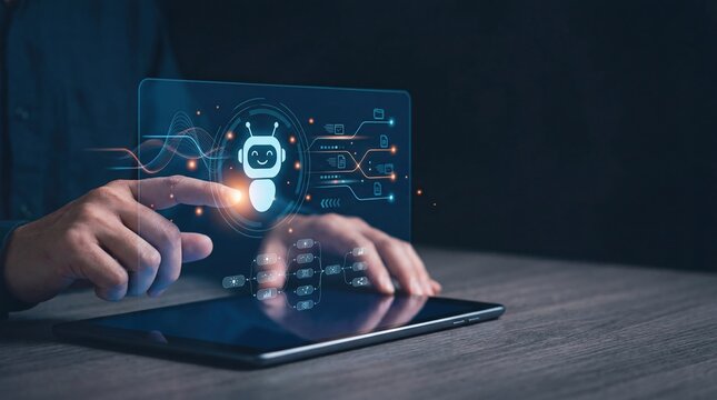 Businessman using digital tablet interface robot icon hologram artificial intelligence technology smart automation system machine learning concept futuristic workspace high tech