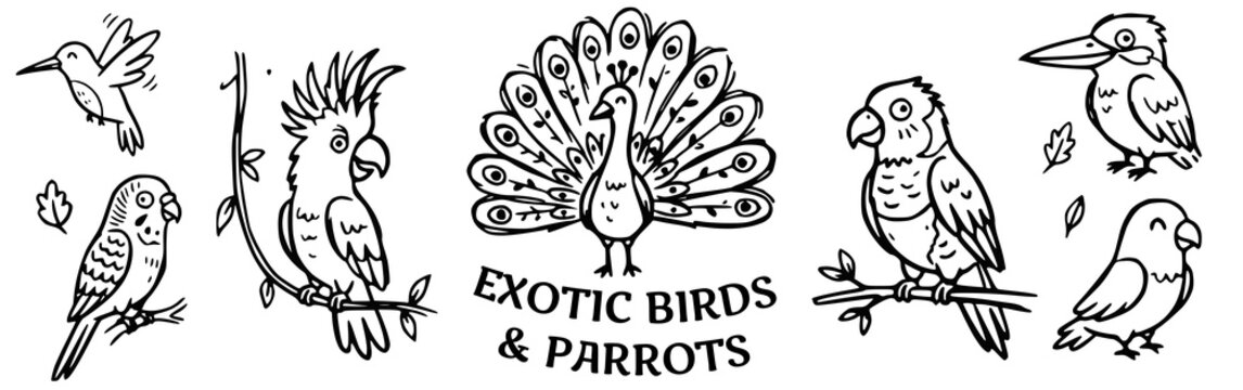 Exotic birds and parrots Doodle Vector Illustration