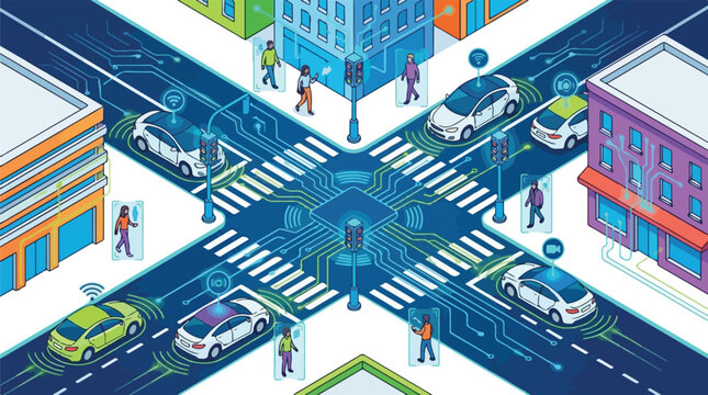 People walk and drive through a busy city street intersection with cars and buildings